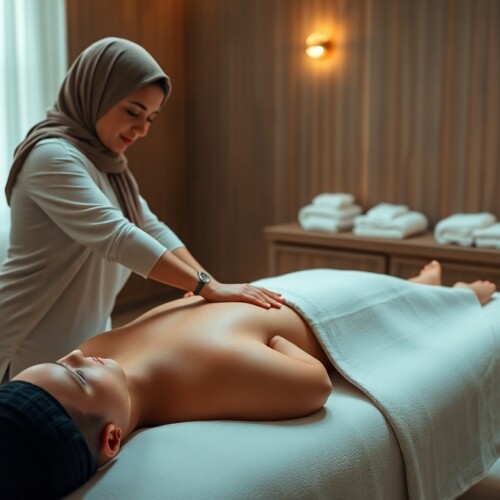 Masseuse in headscarf providing a relaxing massage.