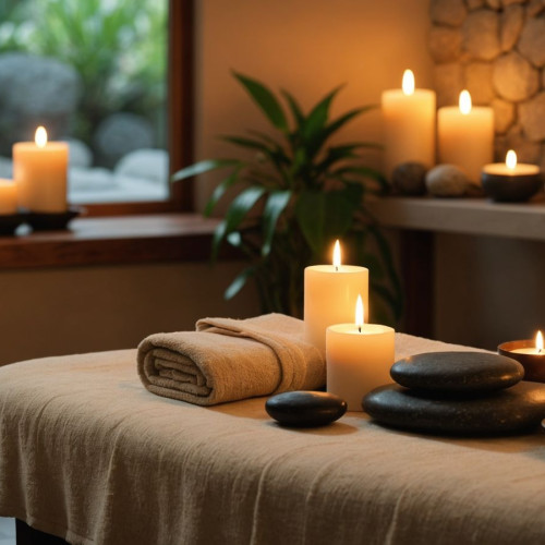 Spa ortamında masaj masası ve mum ışığı