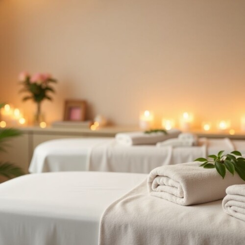 Relaxing massage therapy environment with calming decor.
